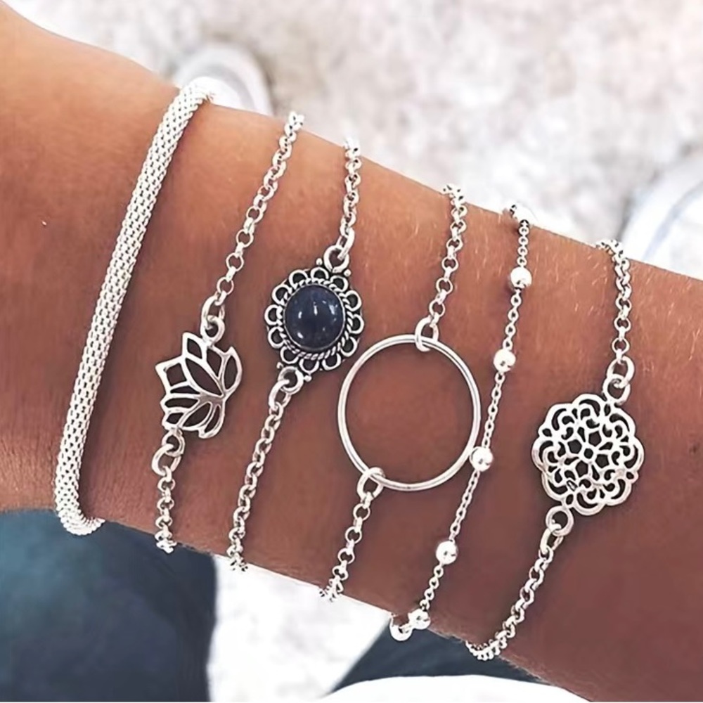 Set of Six Bohemian Hollow Lotus Leaf Bracelets